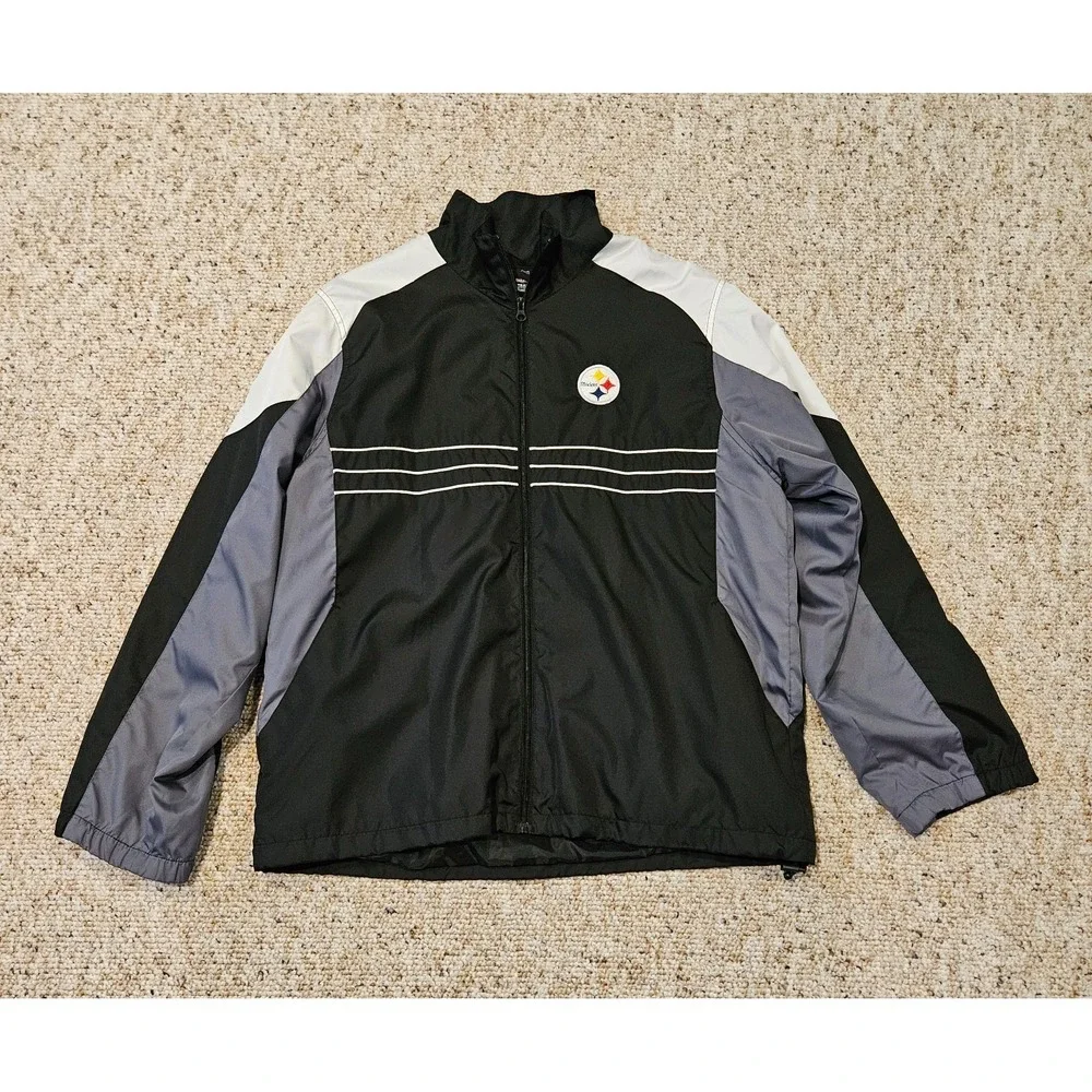 Reebok Pittsburgh Steelers NFL Windbreaker Jacket Mens Large Black Full Zip Logo
